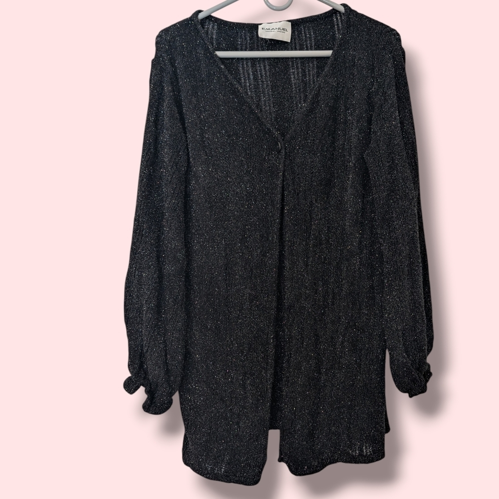 Emanuel Ungaro Vintage Black Shimmery Sparkly Sheer Knit Longline Cardigan LG